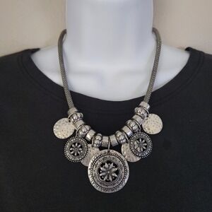 Vintage Hammered Silver Tone Statement Necklace Boho Tribal Artisan Maximalist